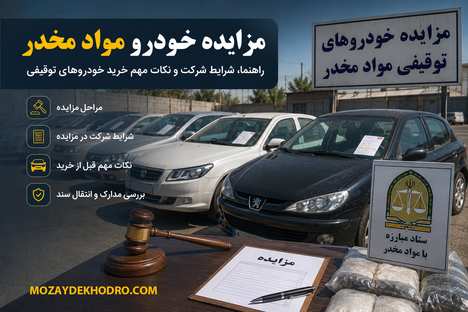 مزایده خودرو مواد مخدر؛ شرایط، مراحل شرکت و نکات مهم خرید خودروهای توقیفی